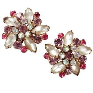 VTG 1950s Clip On Earrings AB Rhinestone Moonglow Frosted Glass Floral Jewelry